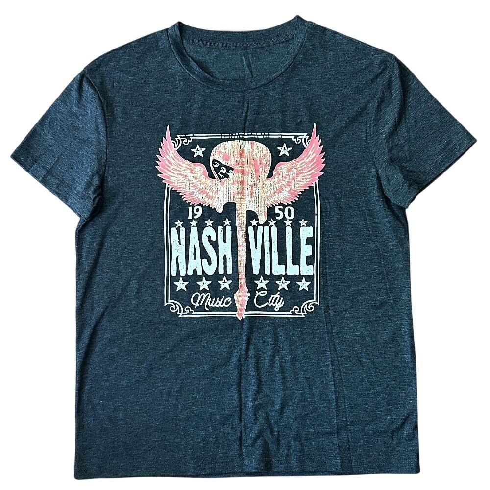 Nashville Music City w/ Winged Guitar Graphic Gray & Pink T-Shirt Small